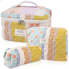 Gosect makeup bag set big size with floral quilted exterior for spacious cosmetics.
