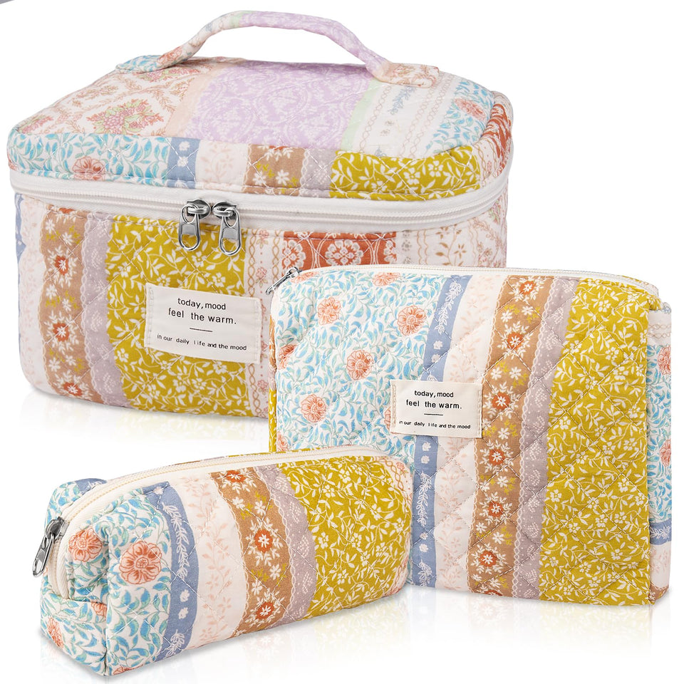 Gosect makeup bag set big size with floral quilted exterior for spacious cosmetics.