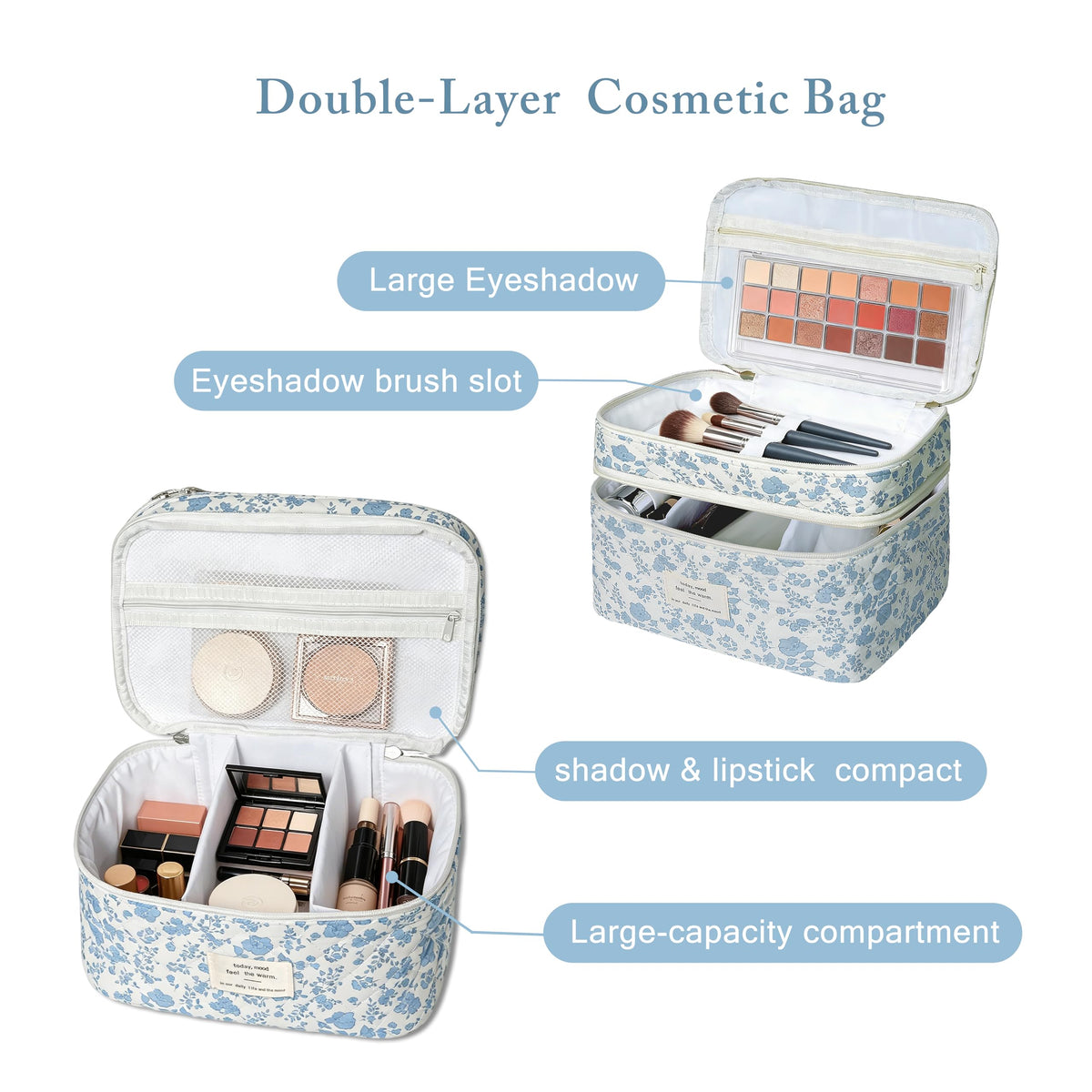 Gosect makeup bag top mesh pocket ideal for palettes and brushes.
