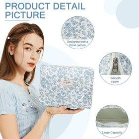 Gosect small travel makeup bag blue floral, compact everyday carry.