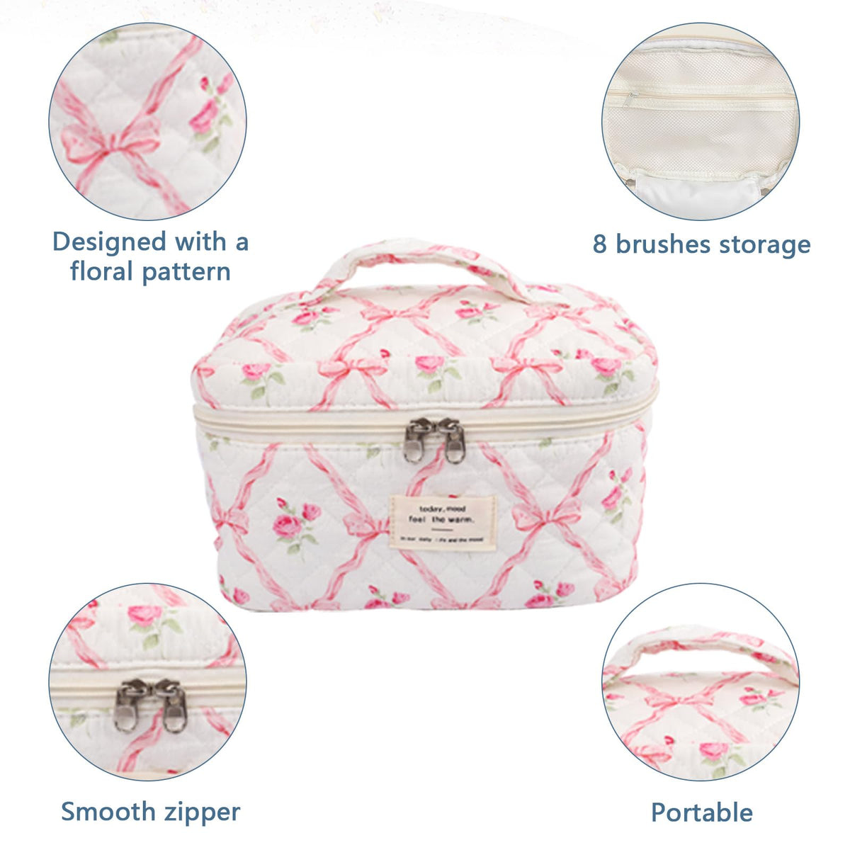 Gosect travel makeup bag open with smooth gold-plated zipper.