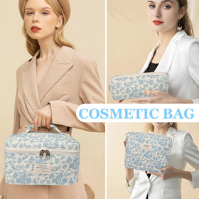 Gosect travel toiletry organizer in floral pattern keeps items tidy.