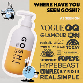 GOSHI coconut, jojoba, and shea oils blend softens skin.
