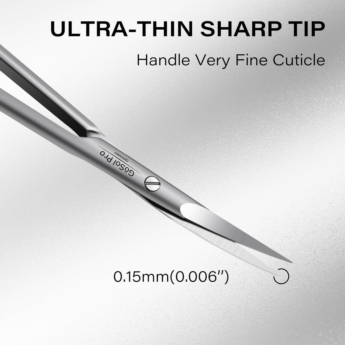 GöSol cuticle scissors with sand-blasted handle for secure grip and easy cleaning.