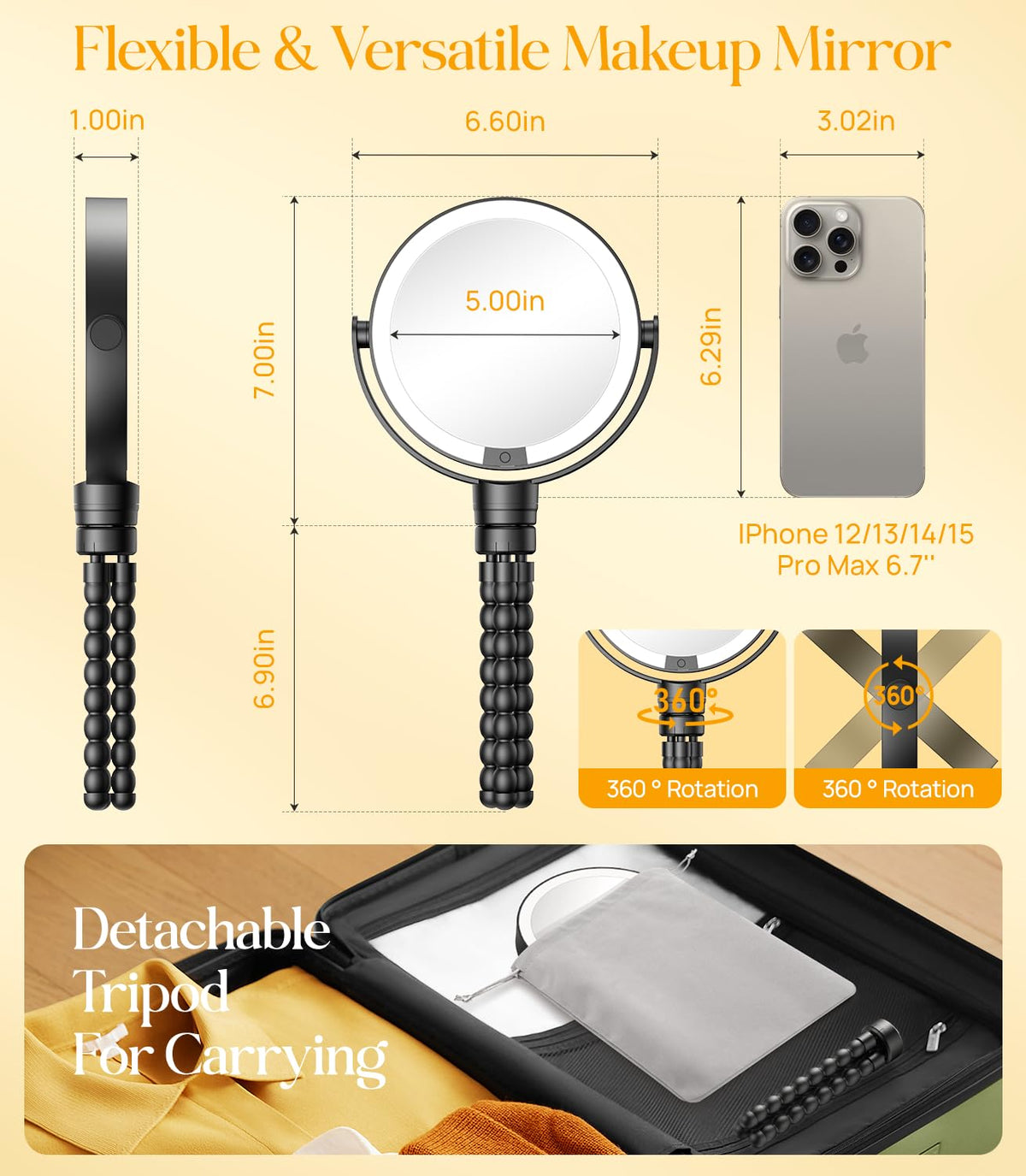 Gospire 1X/10X magnification for detailed makeup checks.