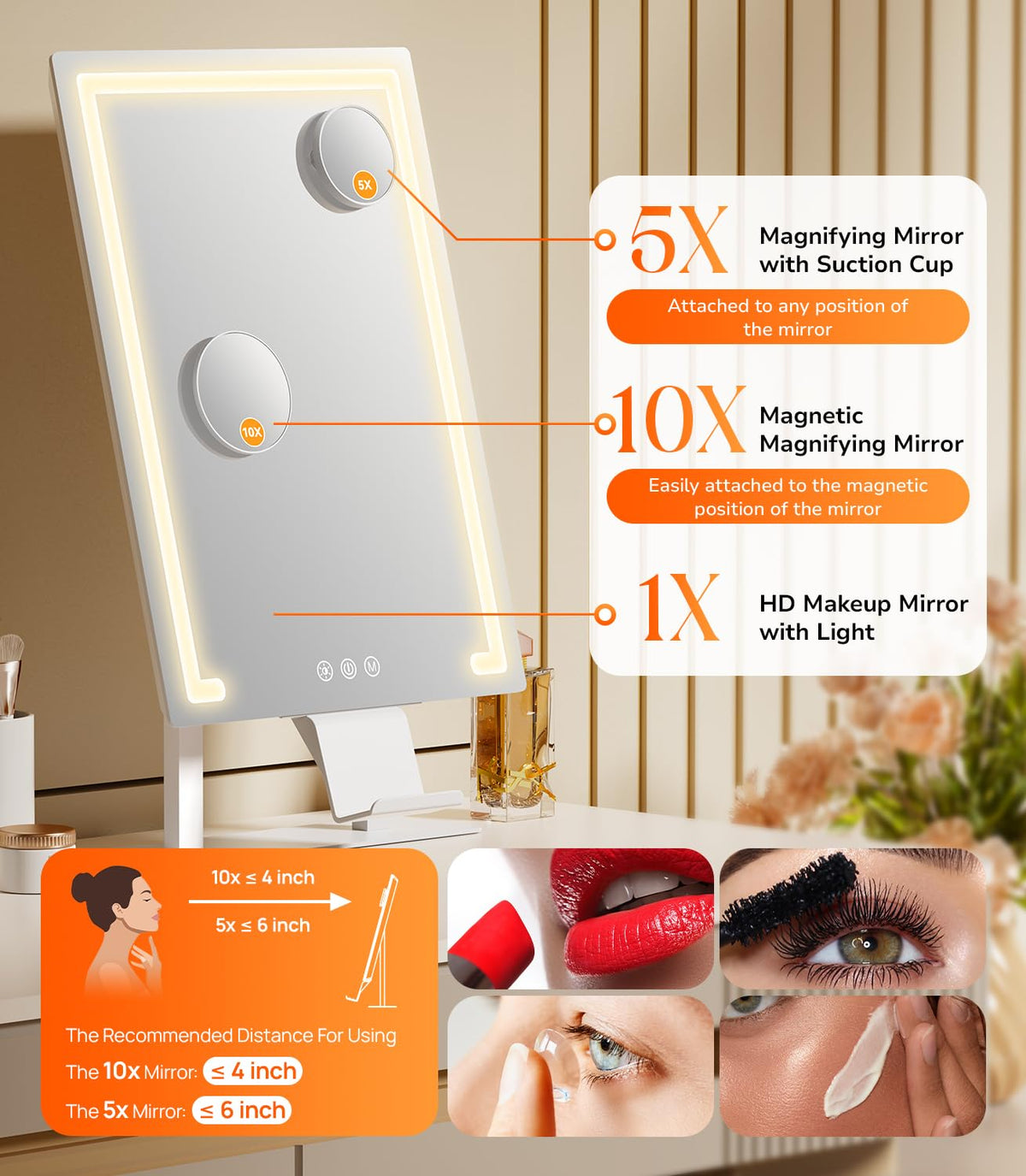 Gospire Hollywood mirror with removable 5x suction magnifier for detail work