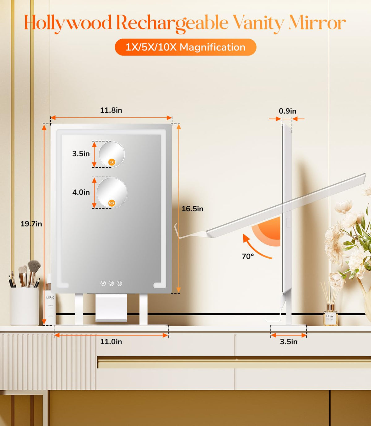 Gospire Hollywood mirror showing tilt angle for ergonomic viewing