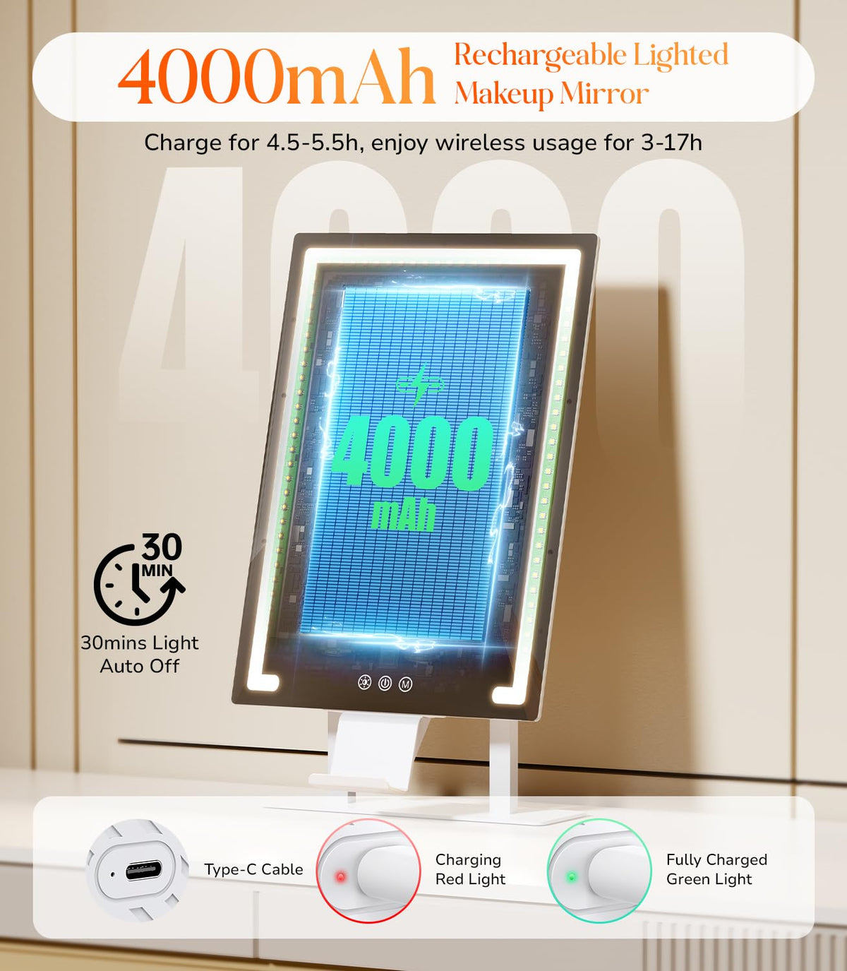 Gospire rechargeable battery powered mirror for cordless use.