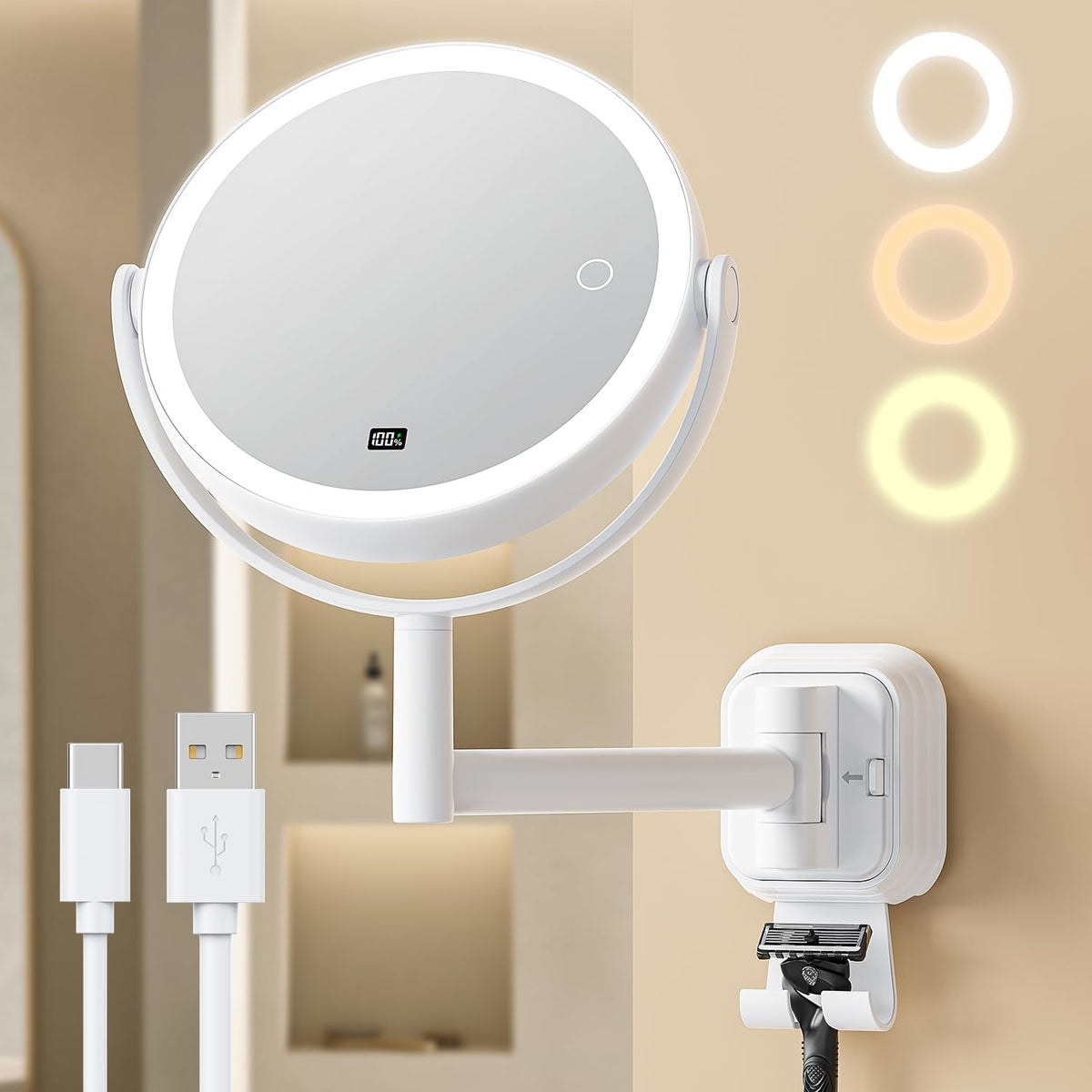 Gospire wall-mount makeup mirror with 10x magnification for precise grooming