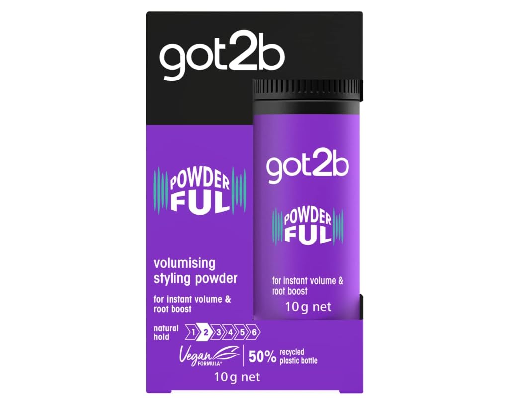 Got2B Powderful volumizing powder bottle shows lift and texture at the roots for fuller hair.