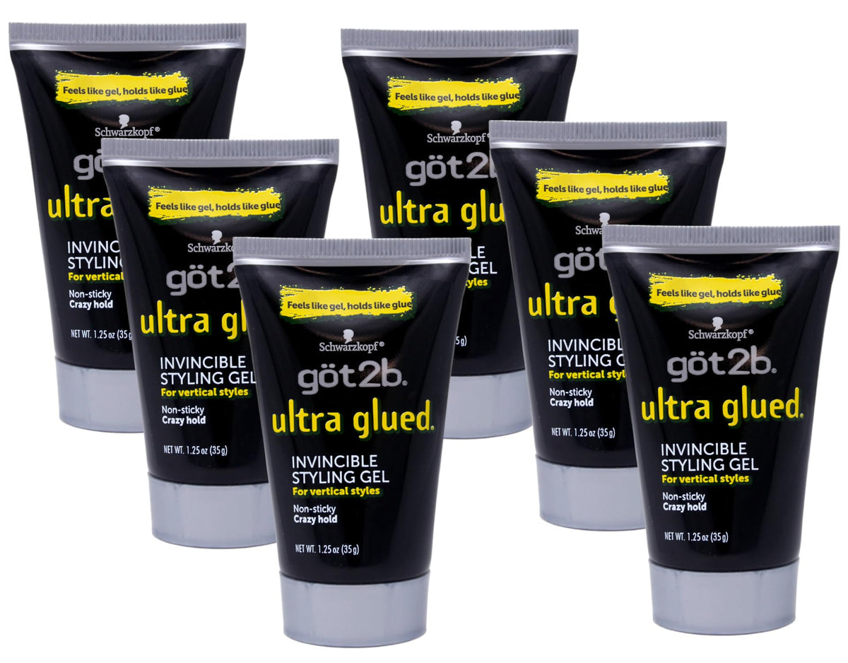Got2B Ultra Glued Invincible Styling Gel bottle shown for durable hold.