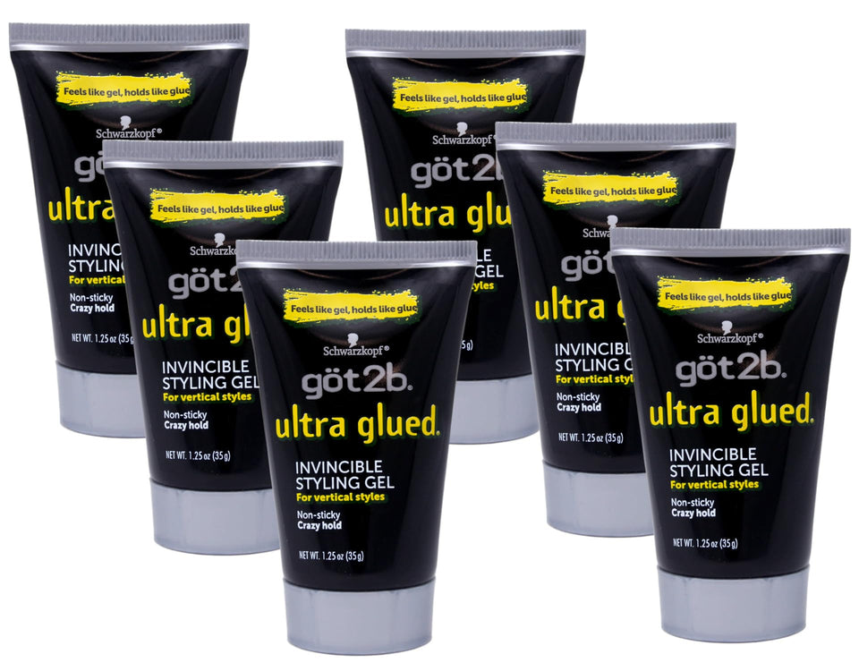Got2B Ultra Glued Invincible Styling Gel bottle shown for durable hold.