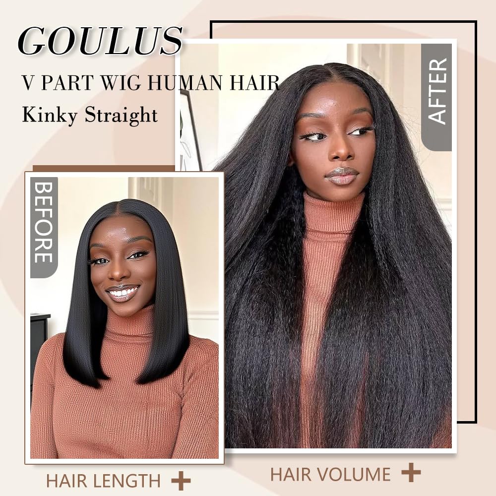 Goulus Kinky Straight V Part Wig five clips and three combs for firm hold