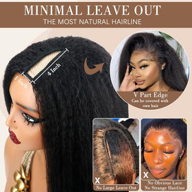 Goulus Kinky Straight V Part Wig half lace cap emphasizes breathable comfort