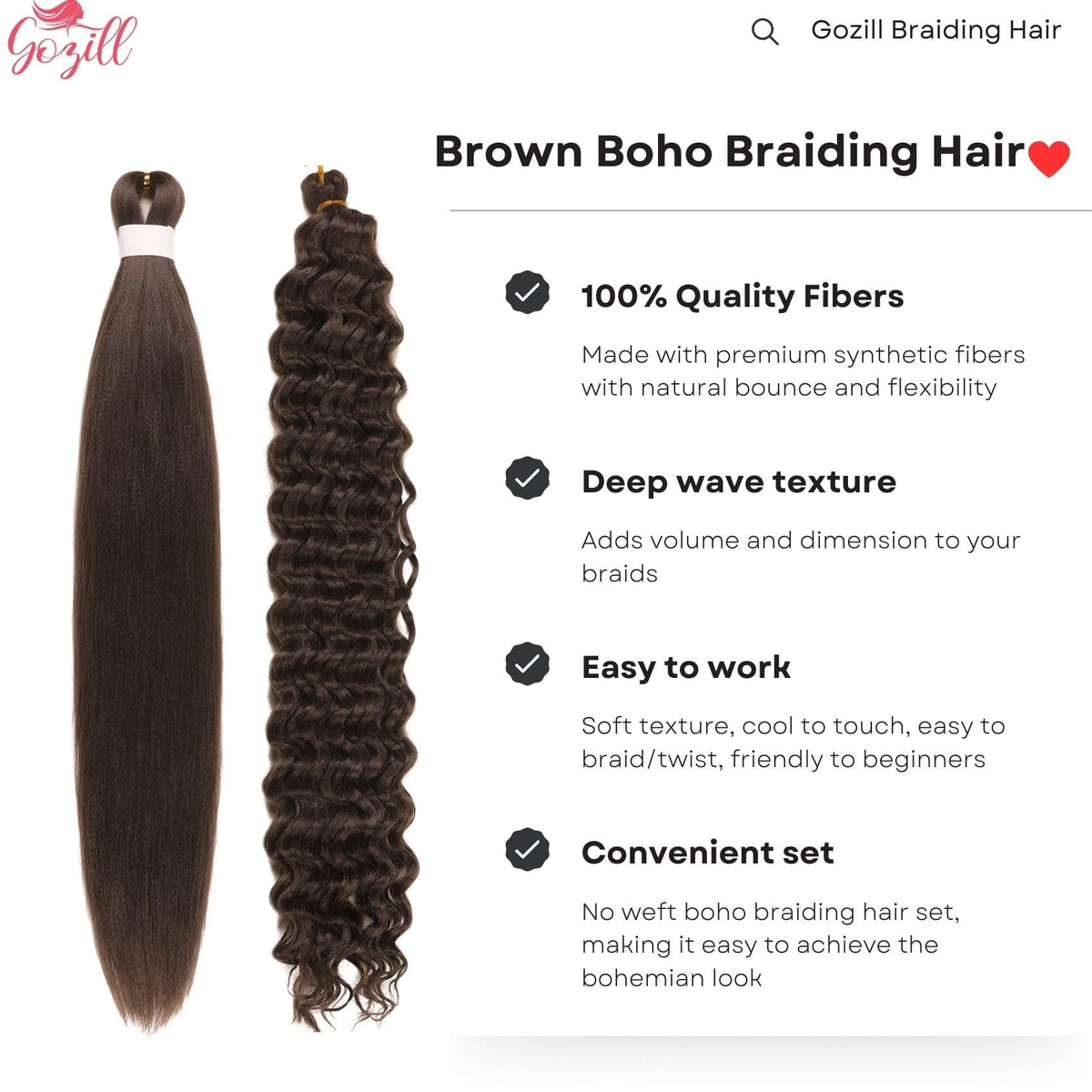 Gozill deep wave boho hair detail for voluminous, natural-looking braids.
