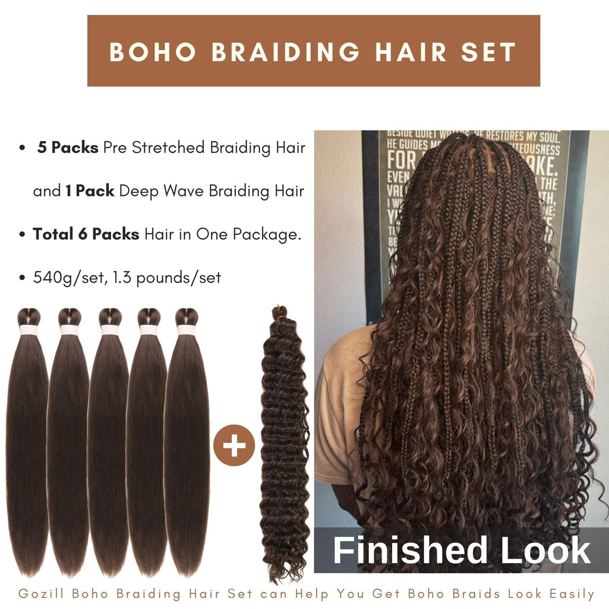 Gozill dark brown boho braids pack showing soft textures ideal for easy installation.