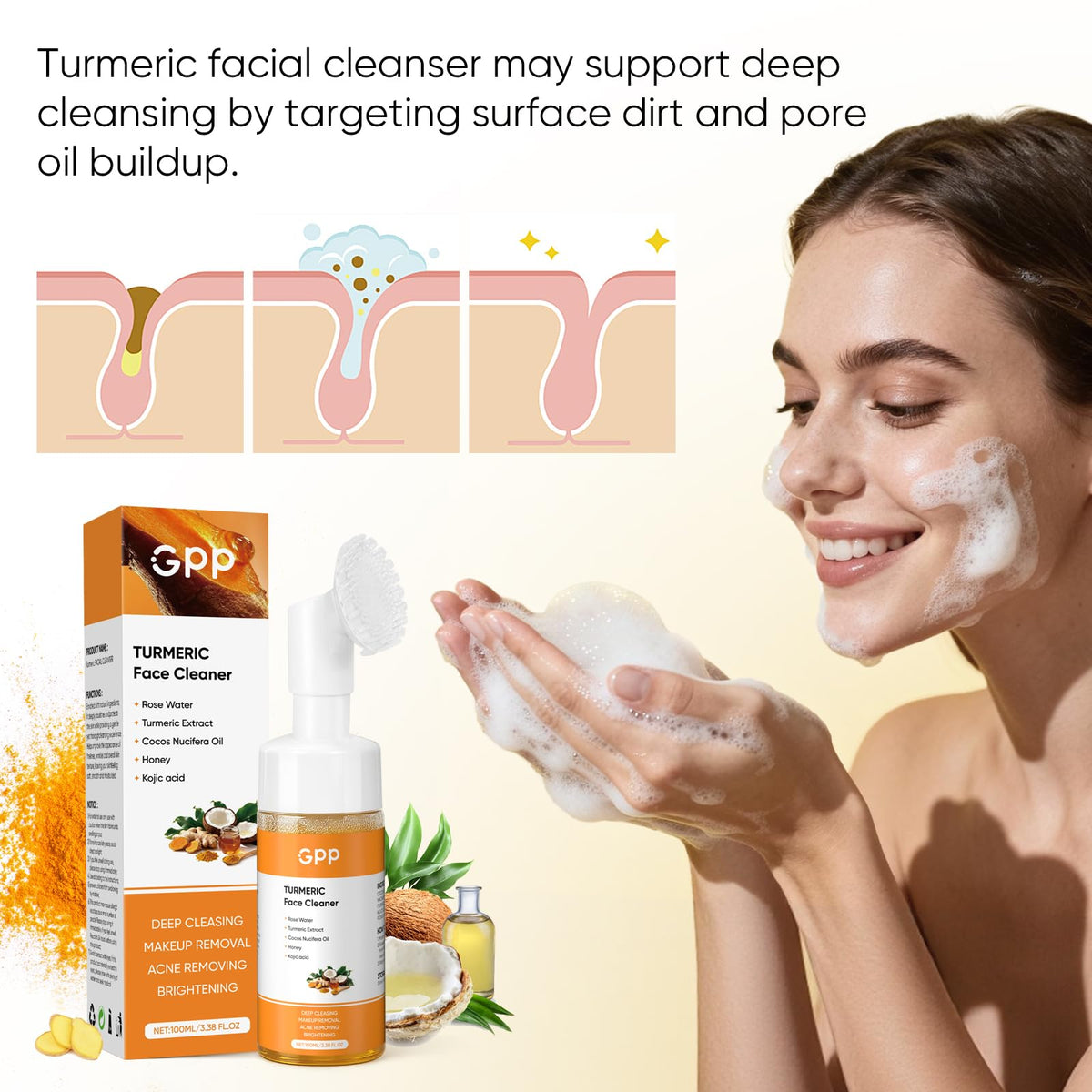GPP Turmeric Cleansing Pads on face demonstrate gentle daily exfoliation