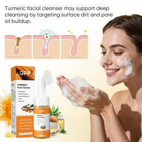 GPP Turmeric Cleansing Pads on face demonstrate gentle daily exfoliation