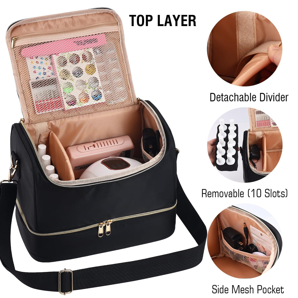 GR69N bag interior compartments secure polishes during travel