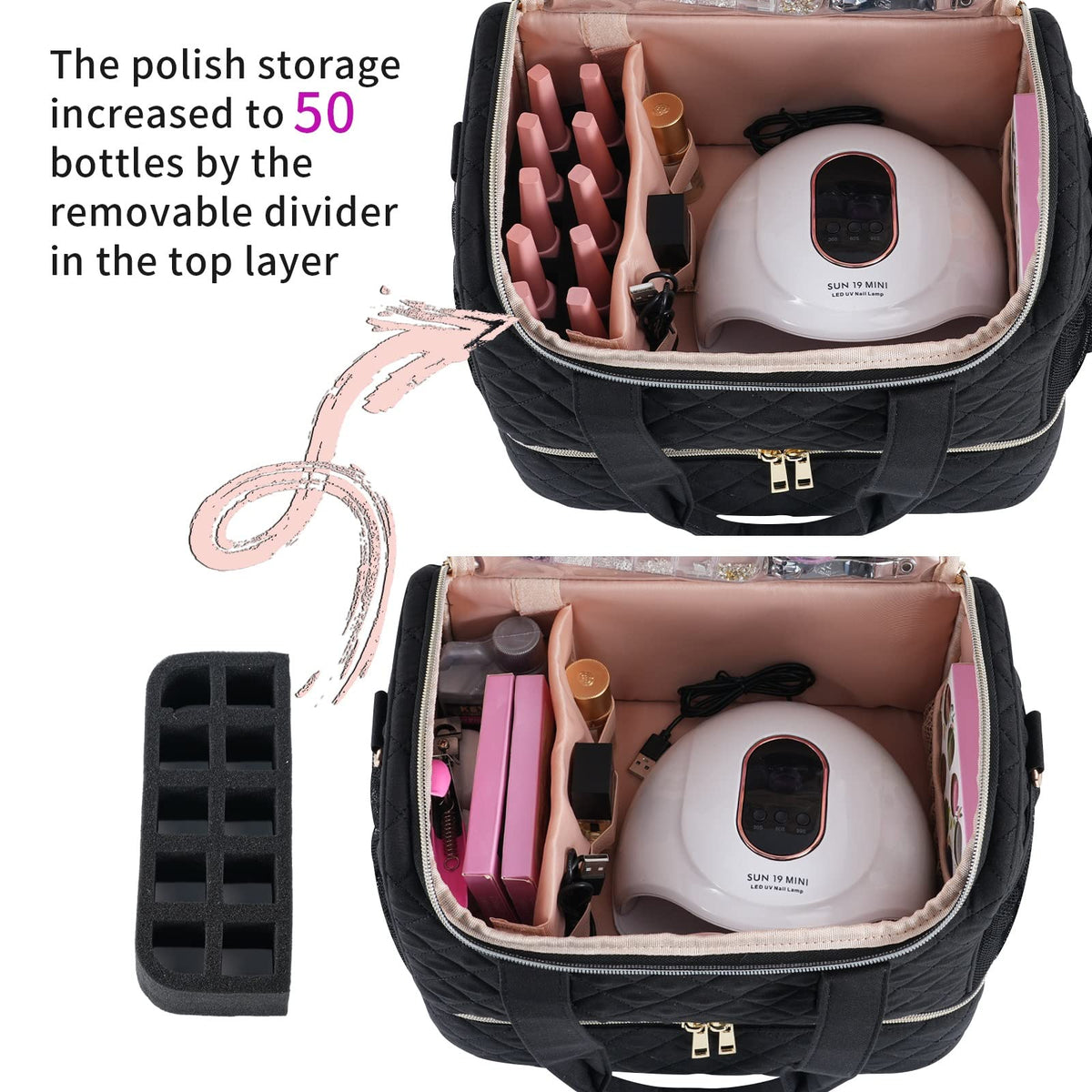 GR69N nail polish organizer case demonstrates capacity for 50 bottles.