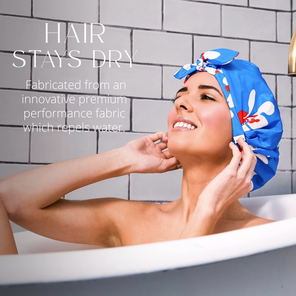 Grace and Company Gramercy shower cap worn for a dry, blowout-friendly look