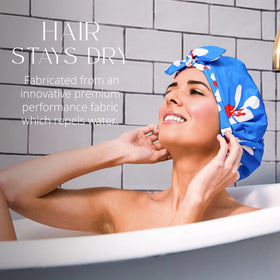 Grace and Company Gramercy shower cap worn for a dry, blowout-friendly look