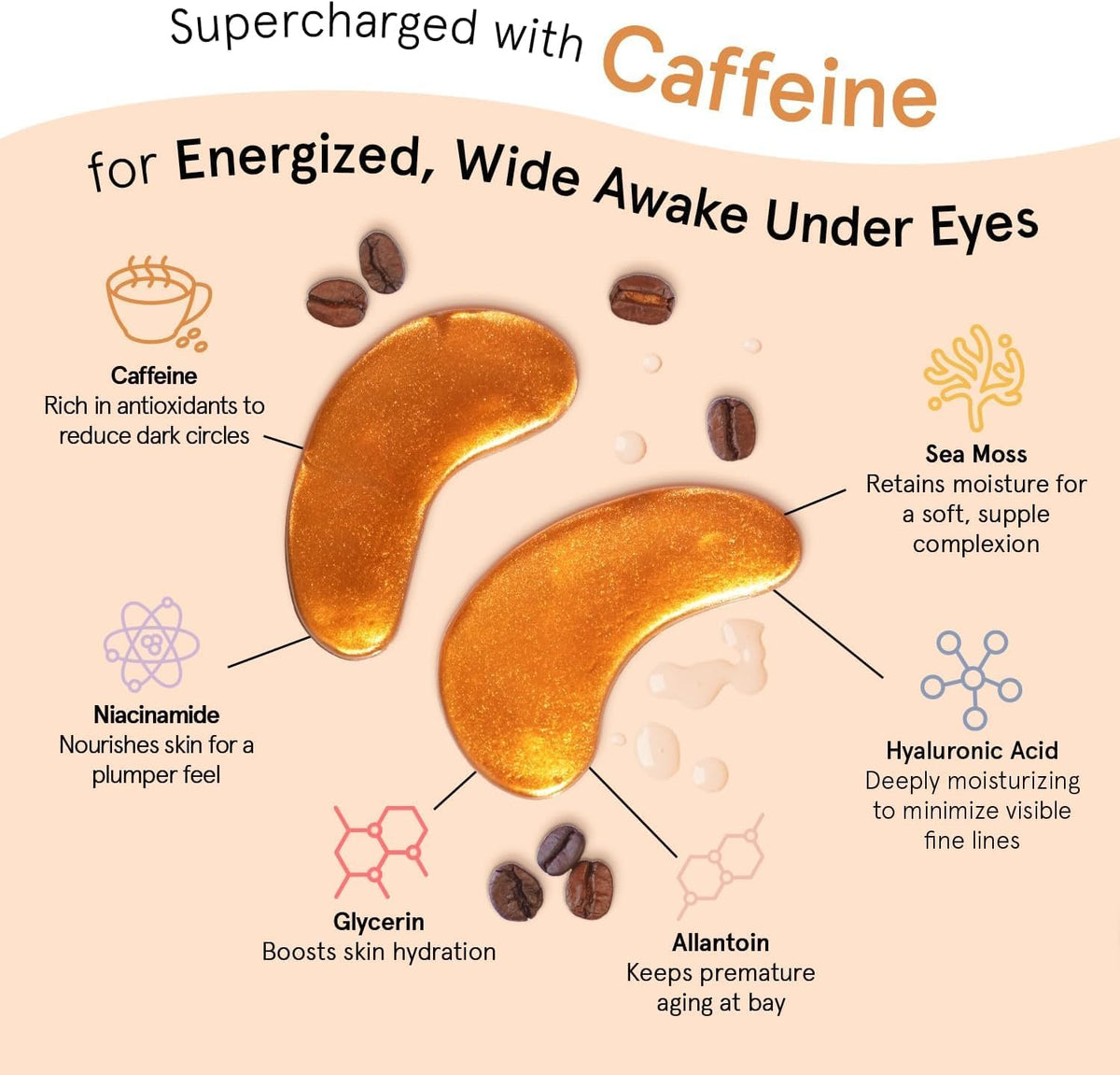 Grace & Stella caffeine under-eye patches during a 15-minute routine for a quick look awake.
