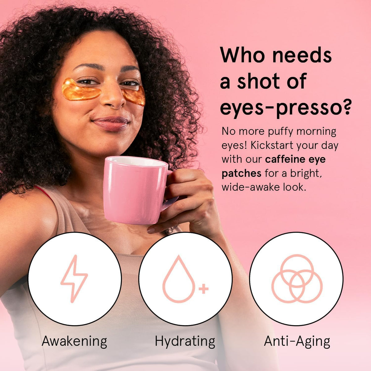 Grace & Stella caffeine under-eye patches being applied under the eye for a refreshed look.