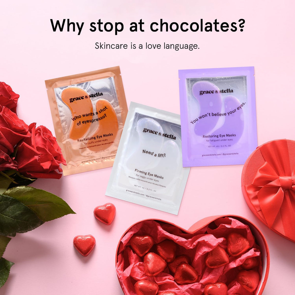 Close-up texture of Grace & Stella caffeine under-eye patches with hydration emphasis.