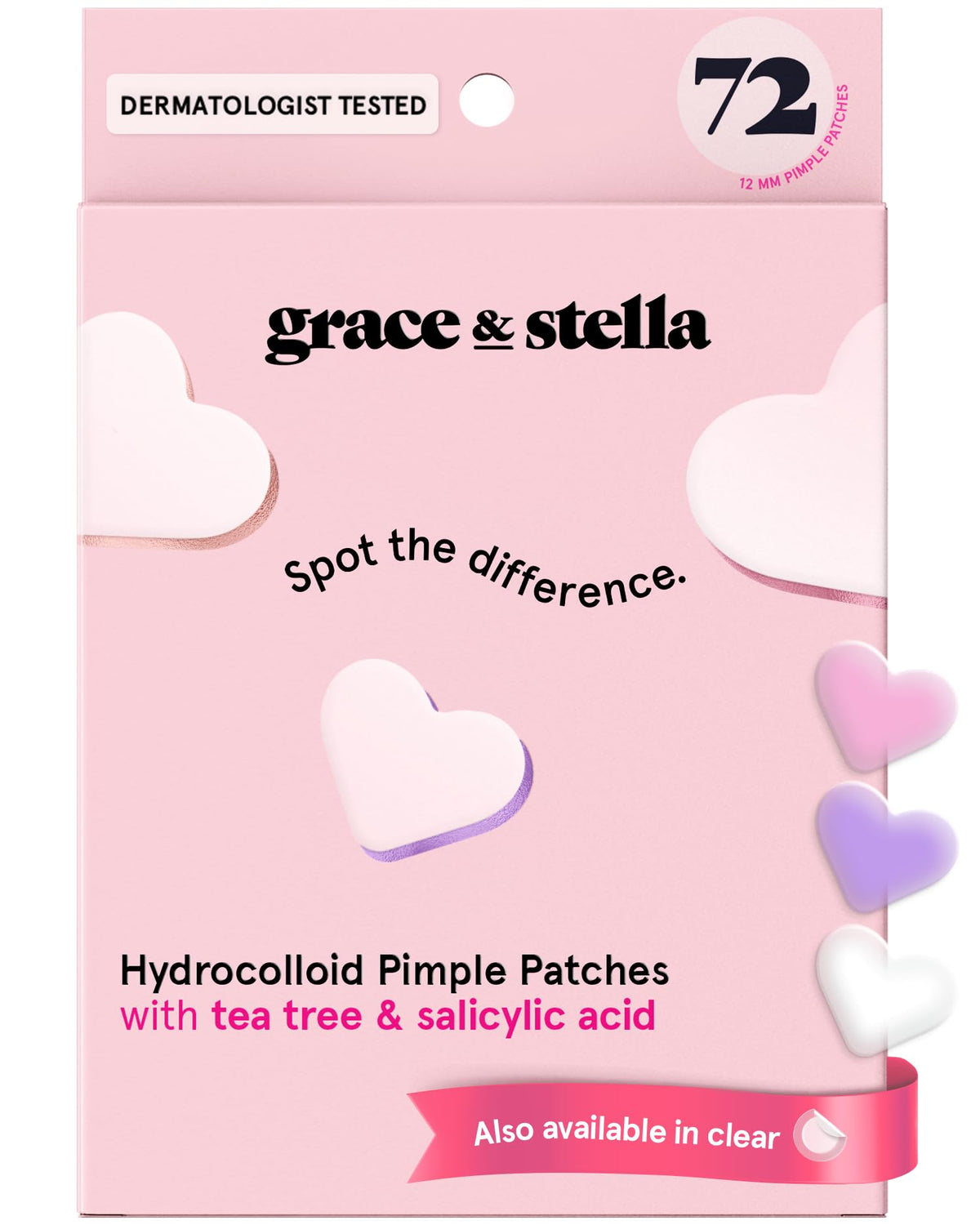 Grace & Stella heart patch pink pack applied for soothing concealment of a blemish.