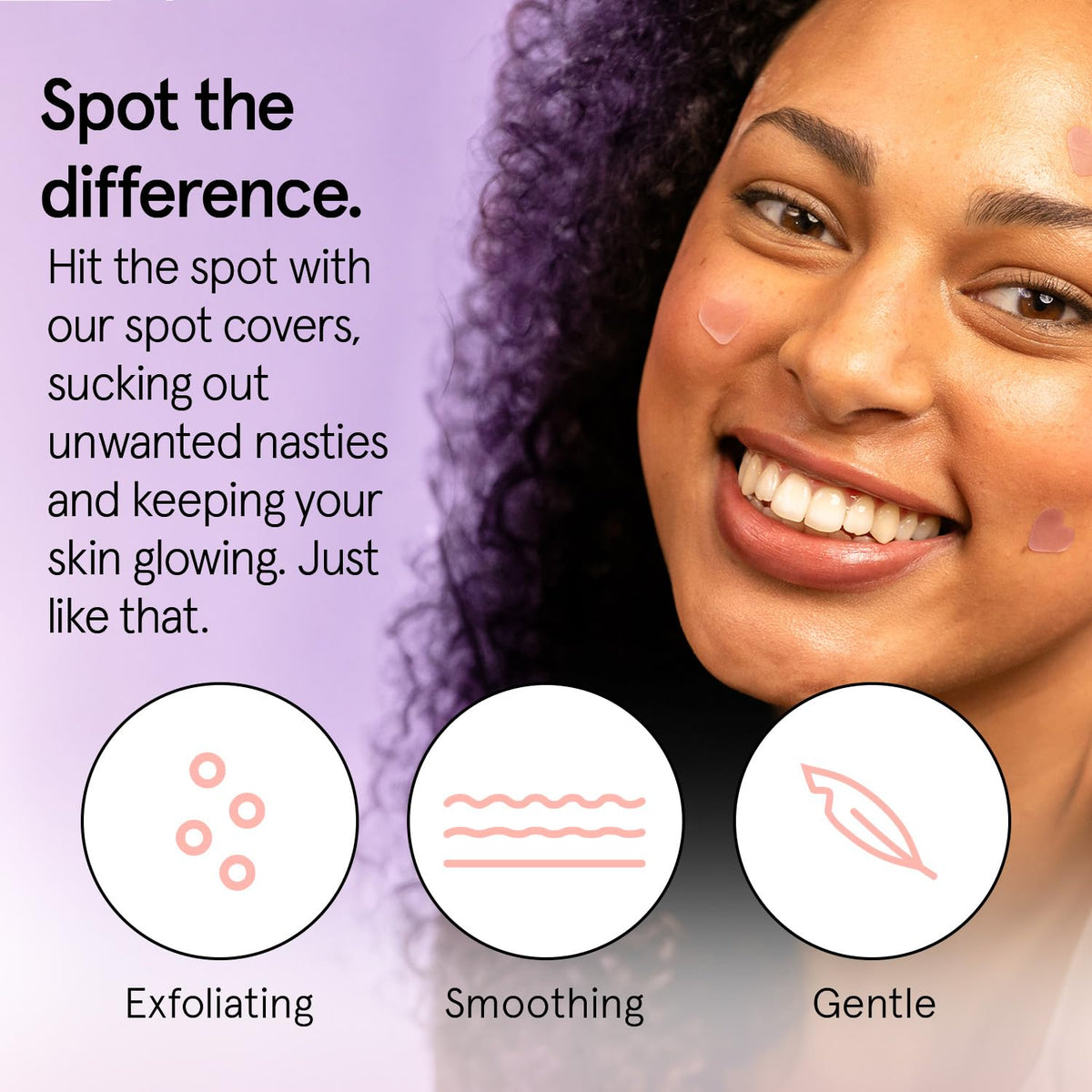 Grace & Stella heart patch purple pack on skin protects a breakout during the day.