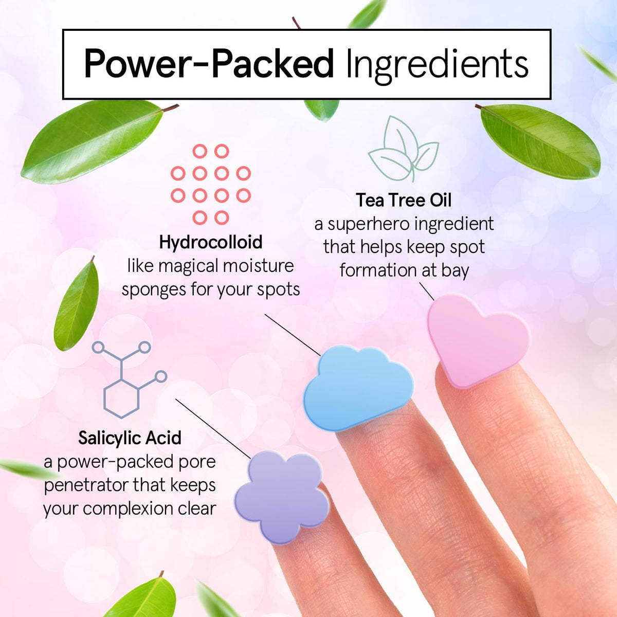 Grace & Stella patch featuring tea tree oil provides soothing, acne-friendly ingredients.