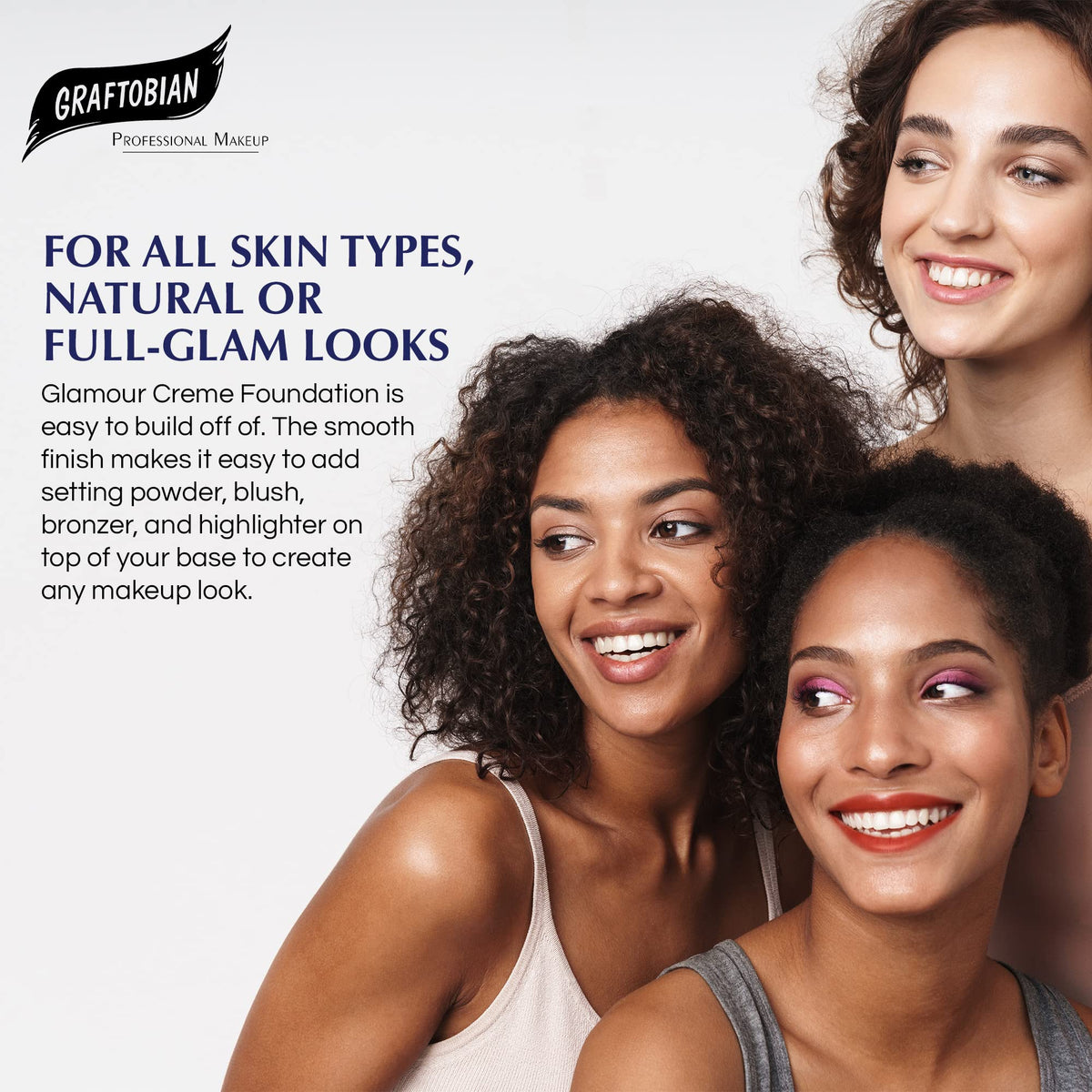 Graftobian foundation application demo displaying buildable coverage from natural to glam.