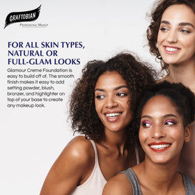 Graftobian foundation application demo displaying buildable coverage from natural to glam.