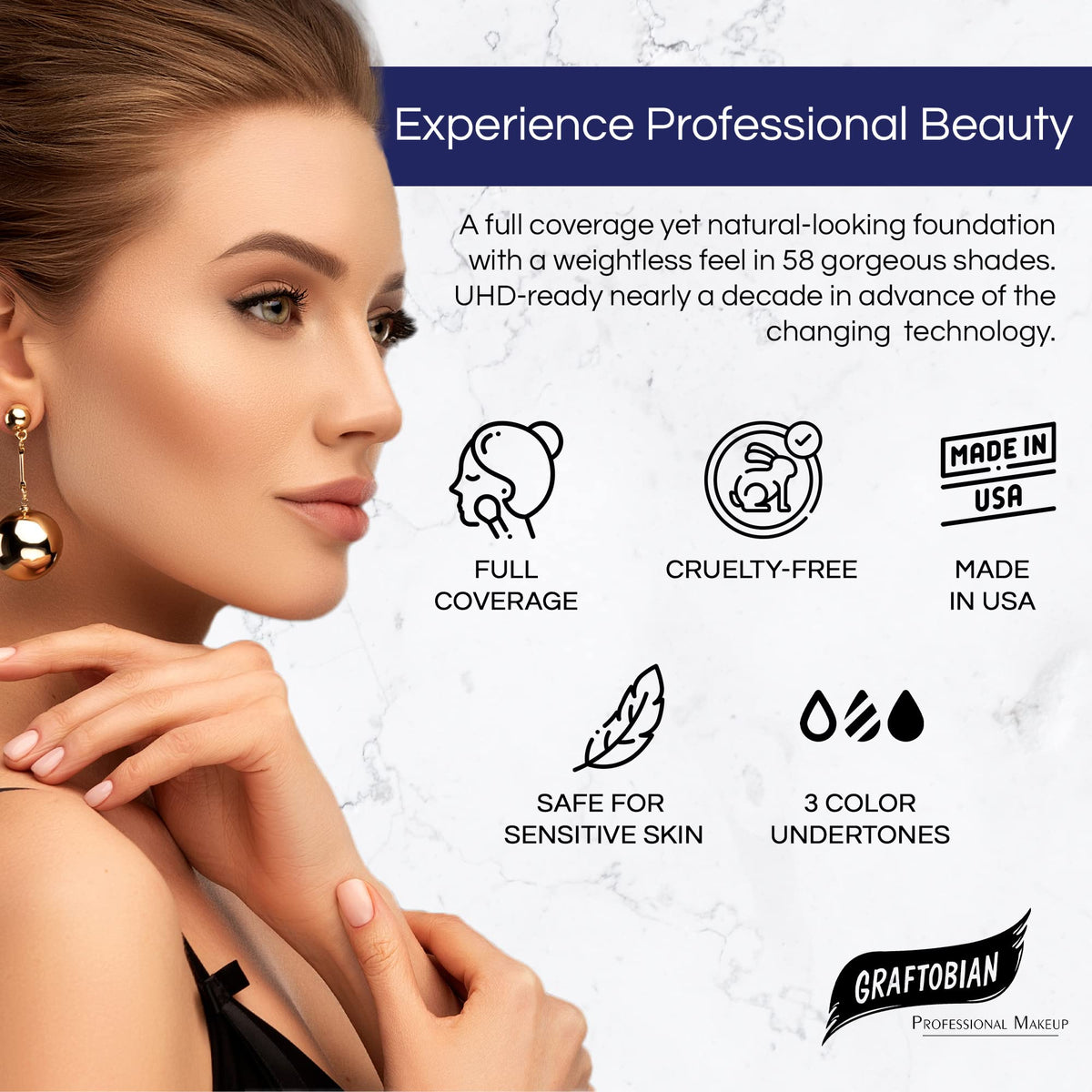 Graftobian fragrance-free formula suitable for sensitive skin in studio lighting.