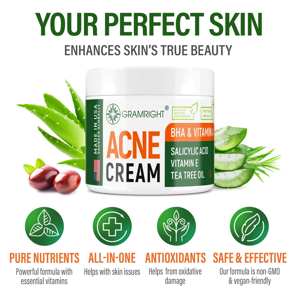 GRAMRIGHT Cream application on skin highlighting hydration and blemish care.