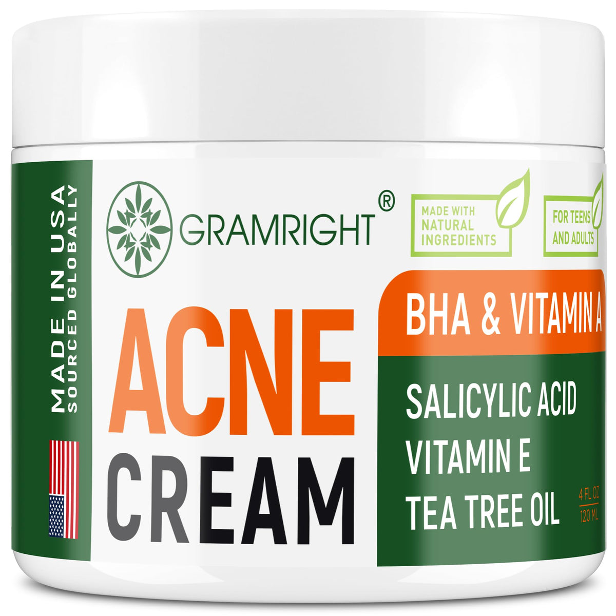 GRAMRIGHT Acne Face Cream bottle with tea tree oil for clearer skin.