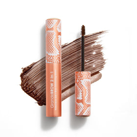 Grande Cosmetics GrandeBROW 2-in-1 packaging close-up highlighting travel-friendly brow gel and serum