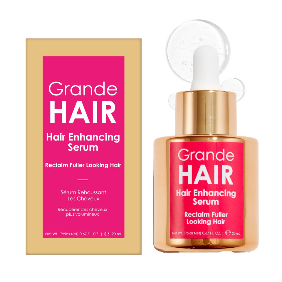 Grande Cosmetics GrandeHAIR Serum bottle showing a non-greasy formula for thicker-looking hair.