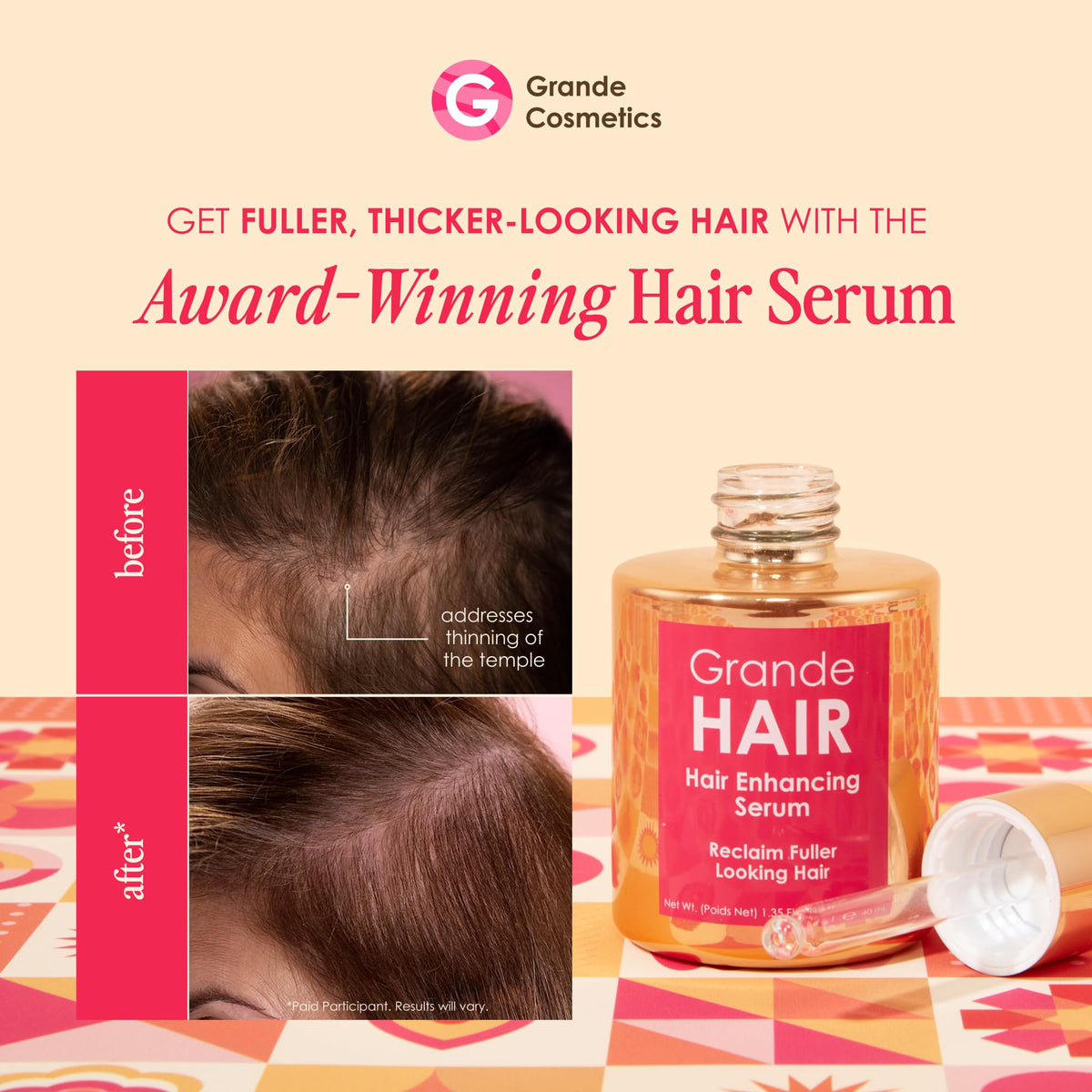 Dropper releasing GrandeHAIR Serum for precise scalp application.