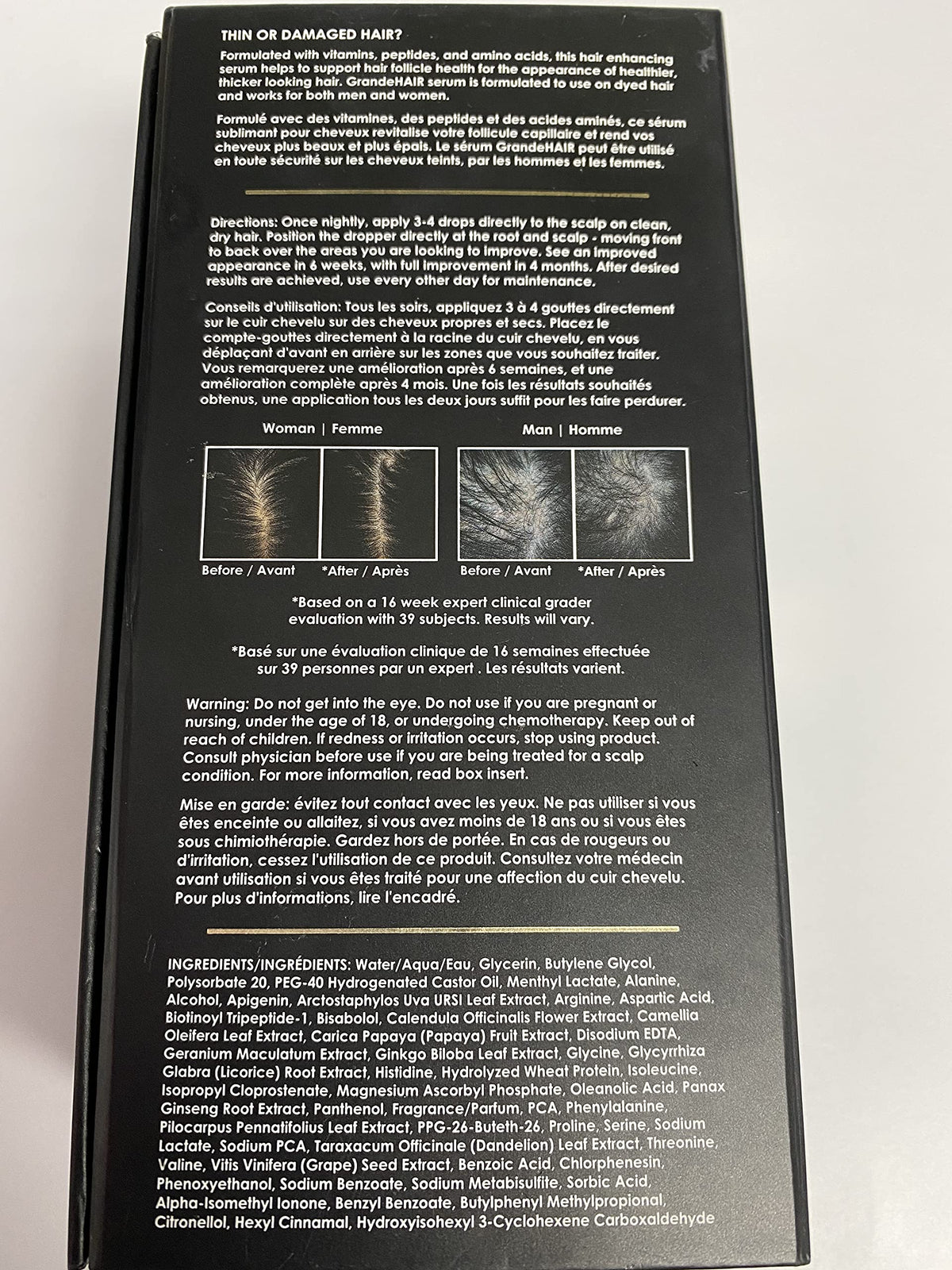 Packaging variation notice for GrandeHAIR serum in product line.