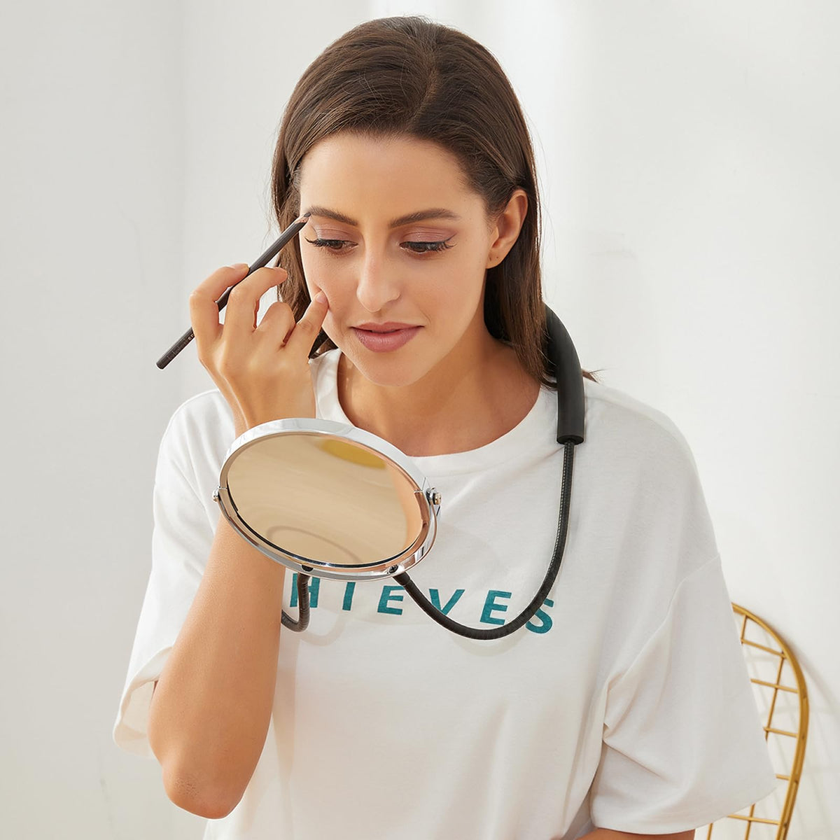 Grandeco mirror stands on desk or table for steady, hands-free use.