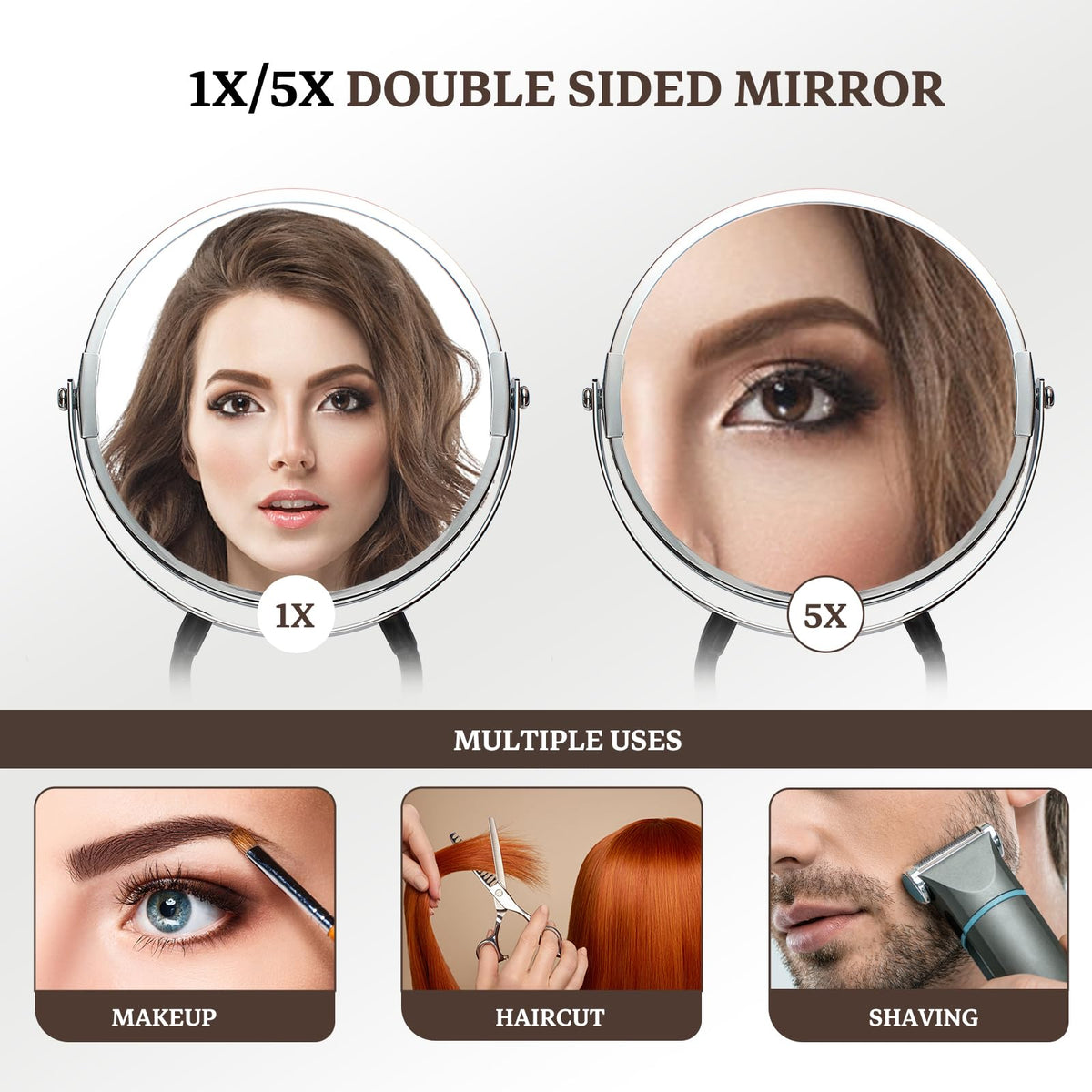 Grandeco mirror ergonomic handle aids precise makeup application and grooming.