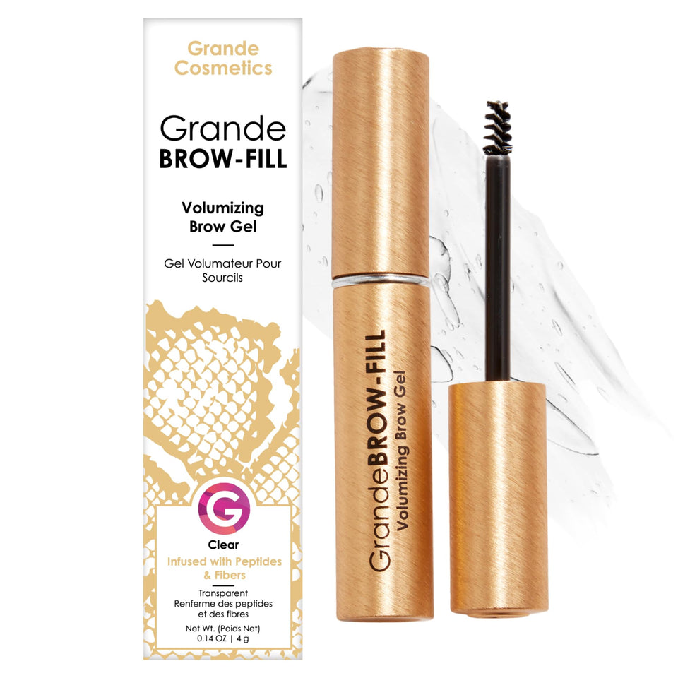 Grande Cosmetics GrandeBROW-FILL brow gel brush applying natural volume and definition.