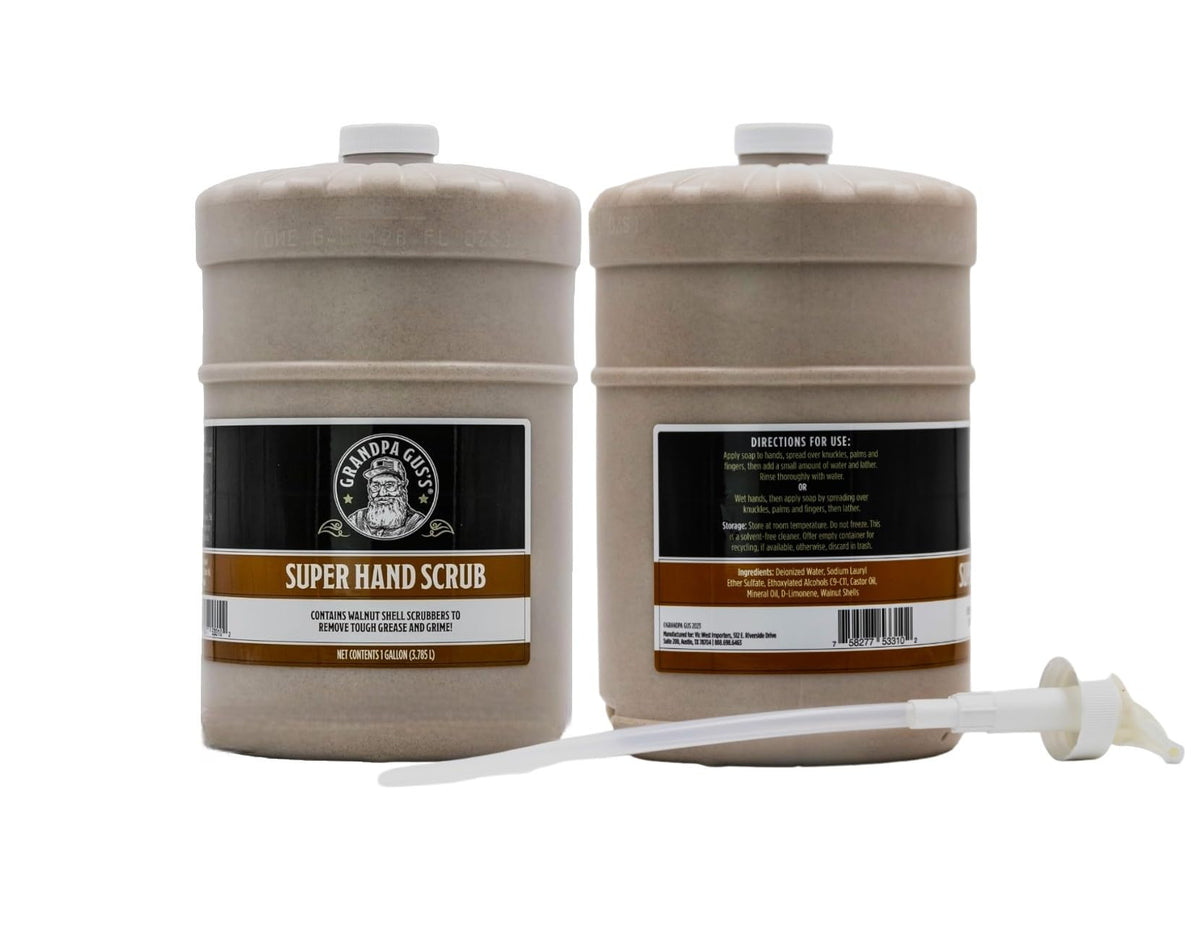 Grandpa Gus's hand scrub is drain-safe and biodegradable, reducing waste.