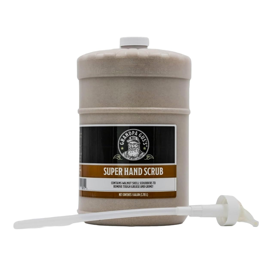 Grandpa Gus's Super Hand Scrub with walnut scrubbers cleans grease from hands.