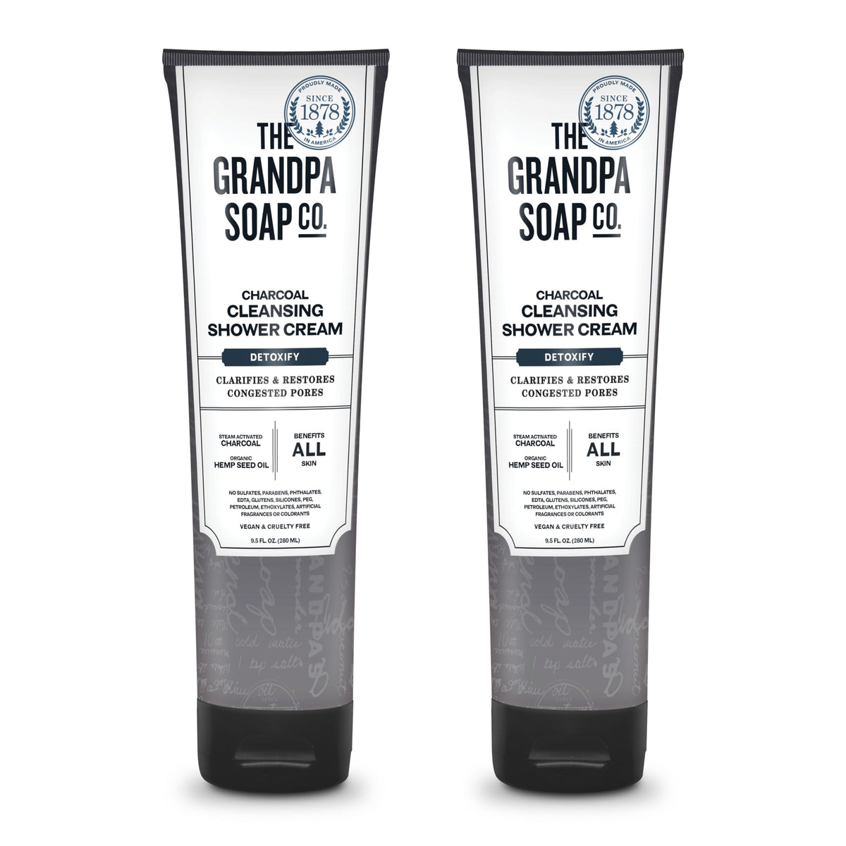 The Grandpa Soap Company Charcoal Shower Cream bottle emphasizes detoxifying cleanse with activated charcoal.