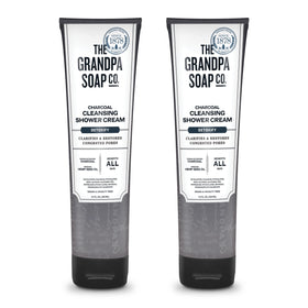 The Grandpa Soap Company Charcoal Shower Cream bottle emphasizes detoxifying cleanse with activated charcoal.