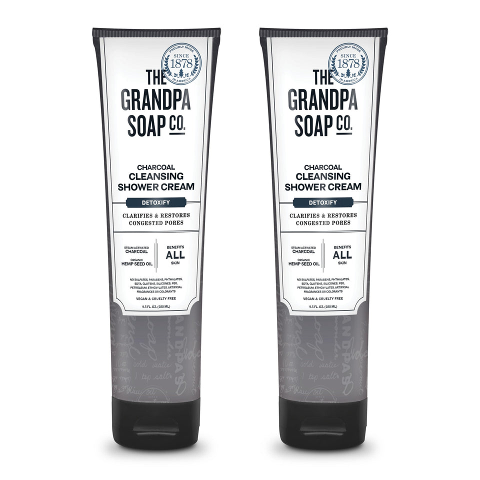 The Grandpa Soap Company Charcoal Shower Cream bottle emphasizes detoxifying cleanse with activated charcoal.