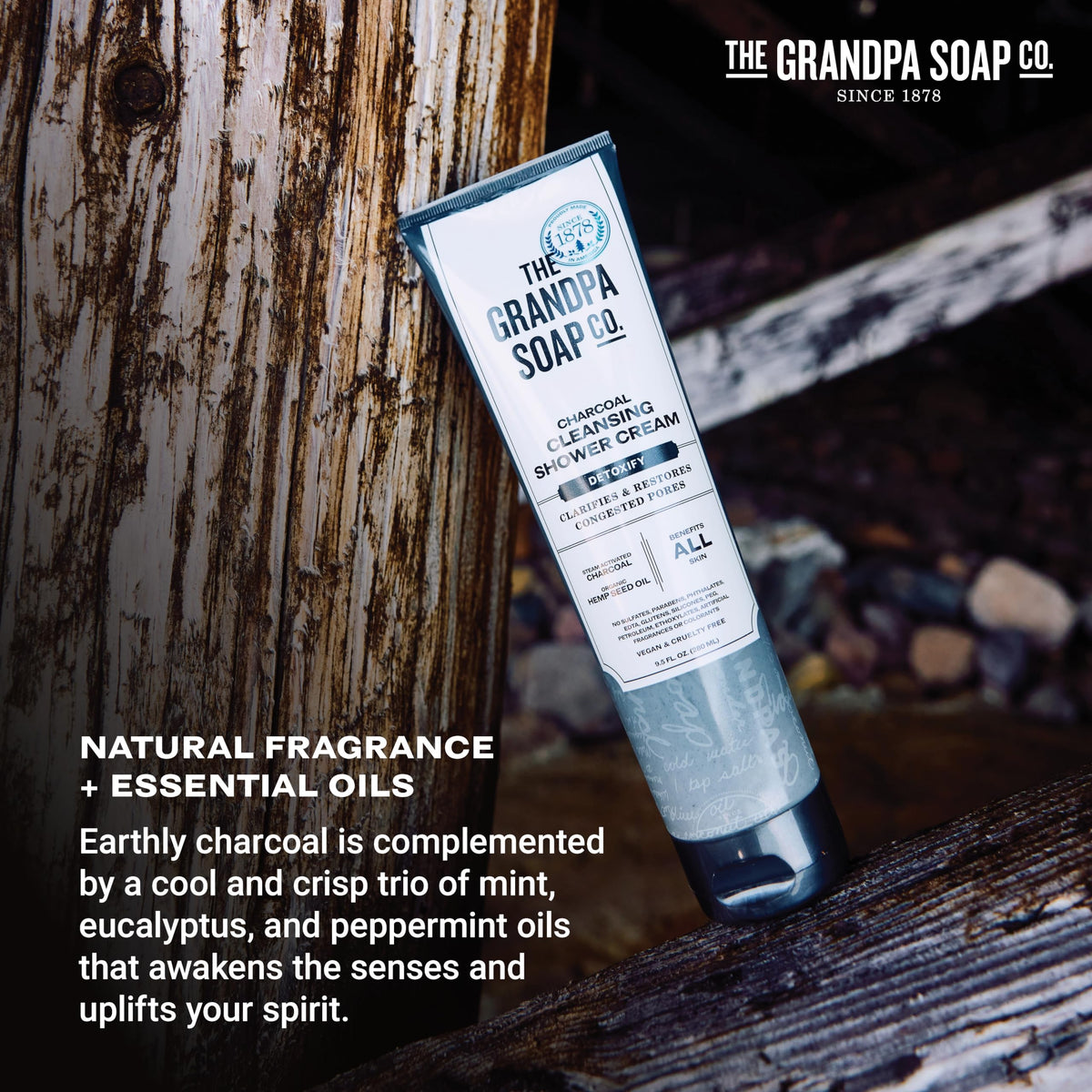 Charcoal Shower Cream label highlights vegan, cruelty-free formula and clean ingredients.